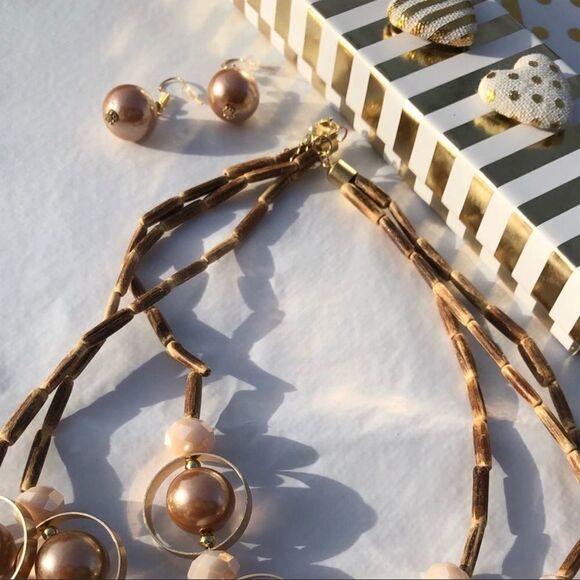 SUMMER Necklace & Earring Set Faux Pearls and  Wooden beads  New - Picture 4 of 7